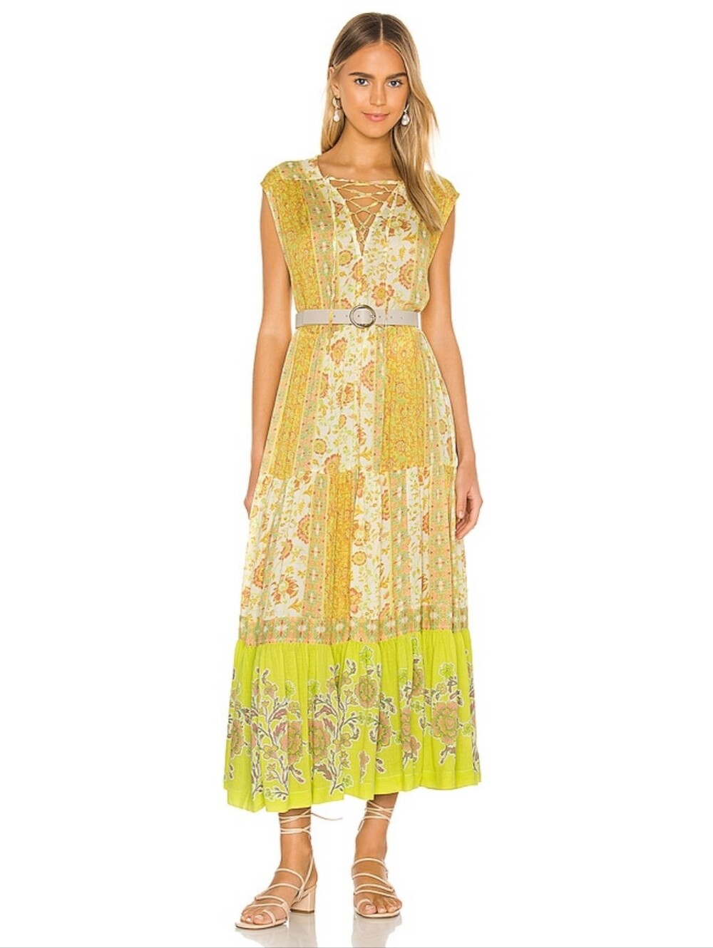 Free People Hanalei Bay Dress In Yellow Combo Lace-Up Maxi Dress Women's Medium